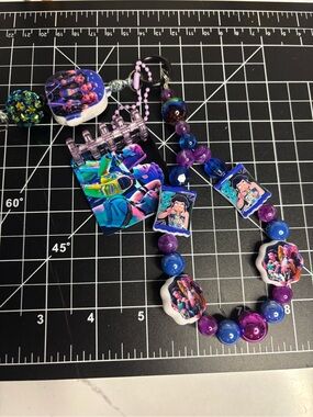 Colorful Beaded Keychain & Bracelet Set - Blue, Purple, Pink